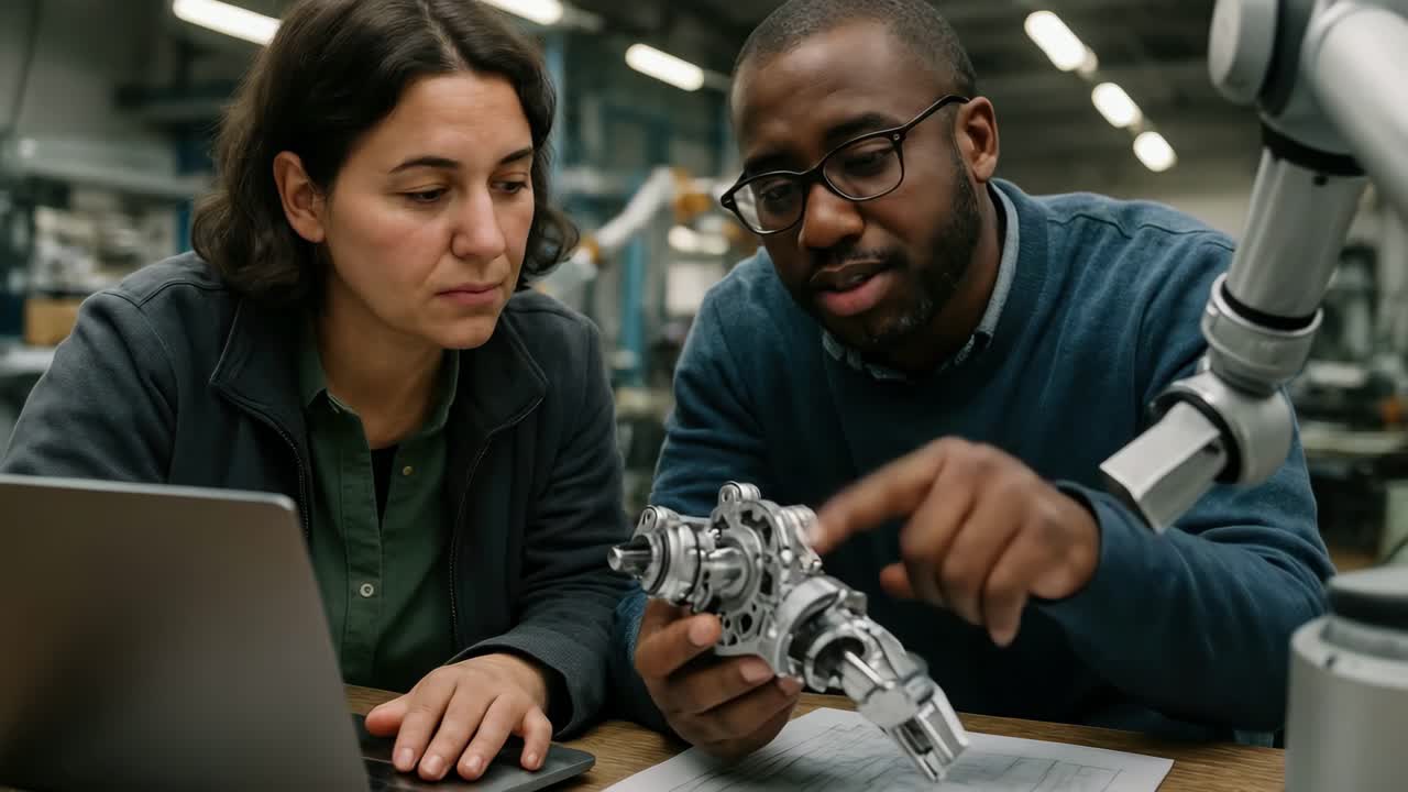 High-angle shot of engineers collaborating with a robotic arm, examining a component