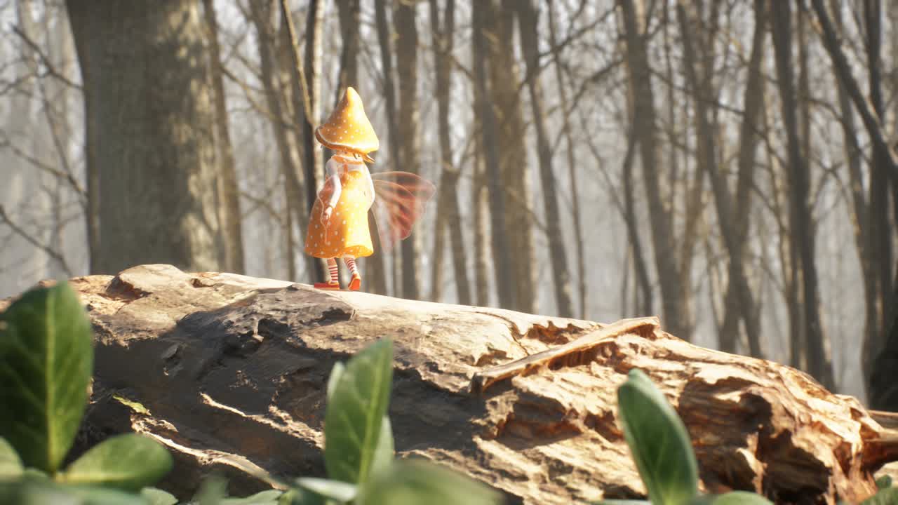 утренняя прогулка милого жизнерадостного эльфа в летнем солнечном лесу. фея эльфа магическая концепция. вид милого эльфа феи в лесу. loopable animationis для фантазии, сказочных или детских фонов.