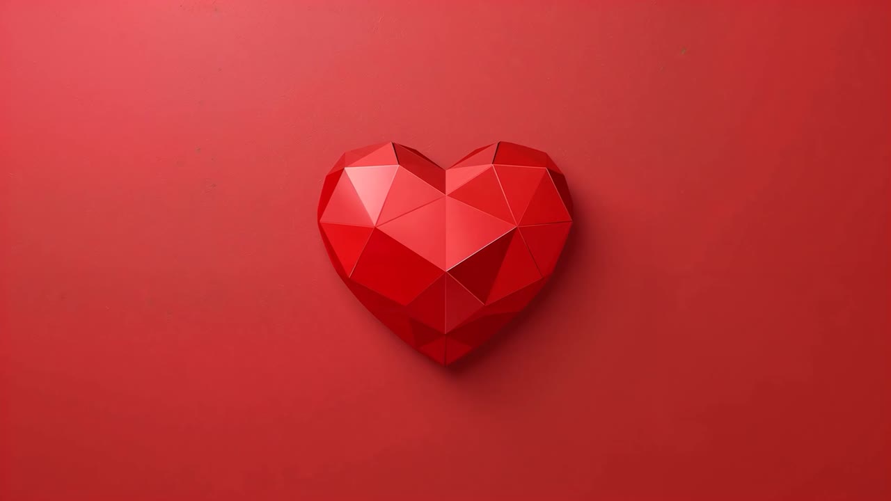 Cattura del cambio di illuminazione, cuore 3D rosso sfaccettato che mostra riflessi lucidi più intensi in uno sfondo rosso