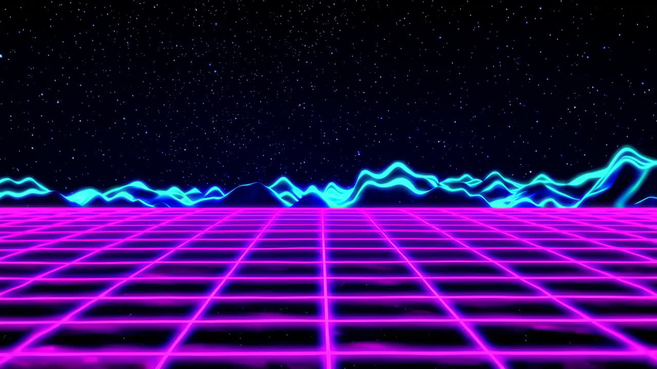 Retro Synthwave Neon Grid Landscape with Starry Sky