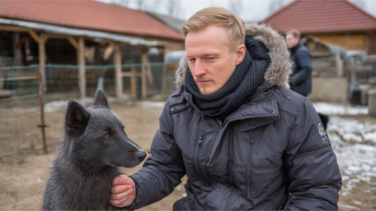 A Tranquil Moment Between Man and Companion: A Close Encounter with a Gentle Fox in a Natural Setting