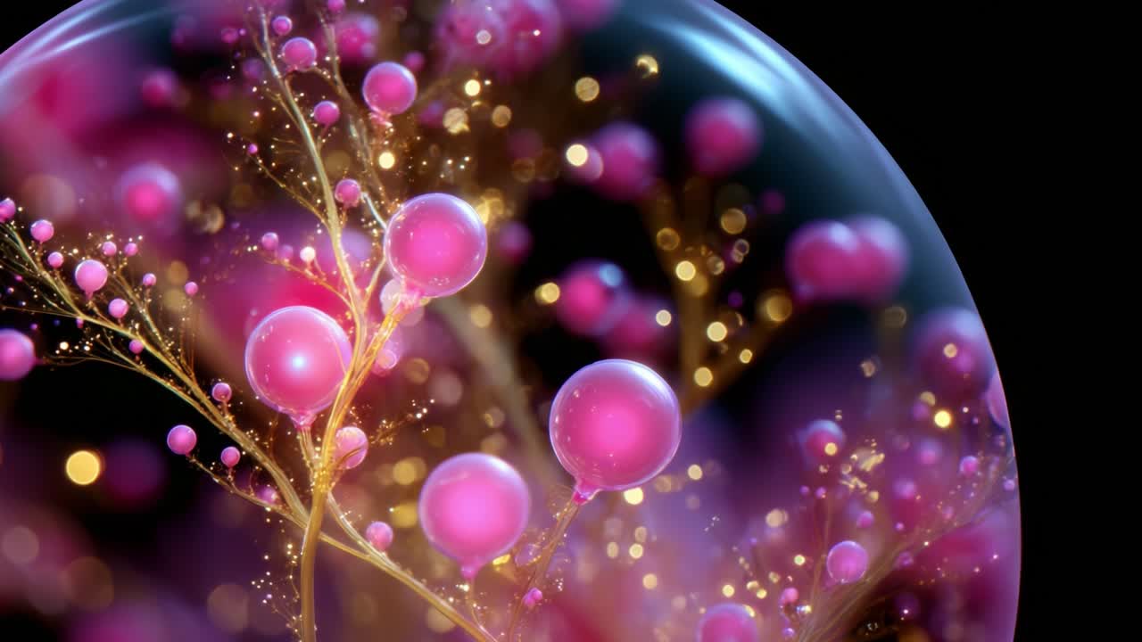 A mesmerizing close-up view of vibrant pink bubbles and intricate golden branches captured within a spherical boundary, showcasing the enchanting beauty of abstract natural forms in a captivating visual harmony