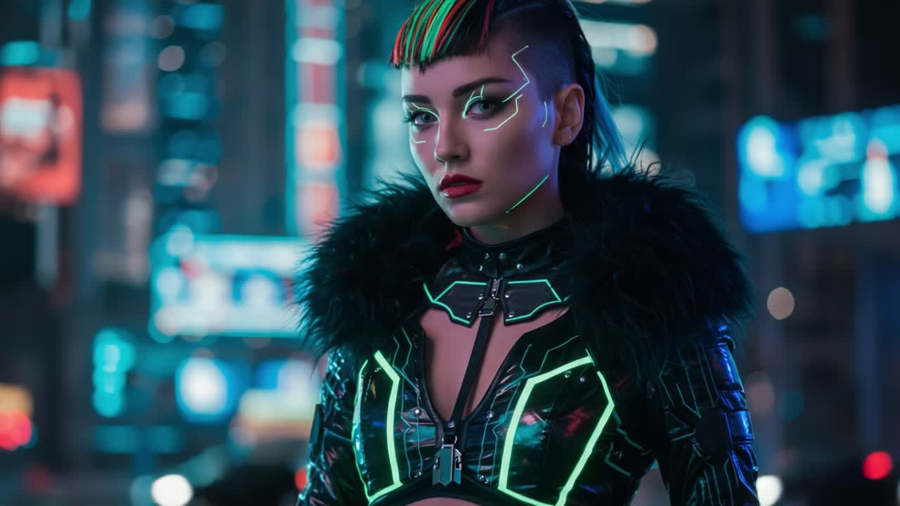 A striking portrayal of a futuristic character, highlighted by vibrant neon lights and intricate cybernetic fashion, set against a captivating, high-tech urban backdrop at night.
