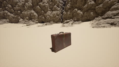 an old, worn suitcase sits alone in a desert canyon