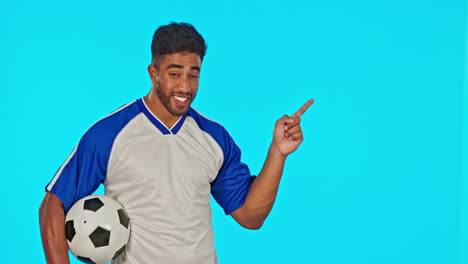 face, soccer ball and man with thumbs up pointing