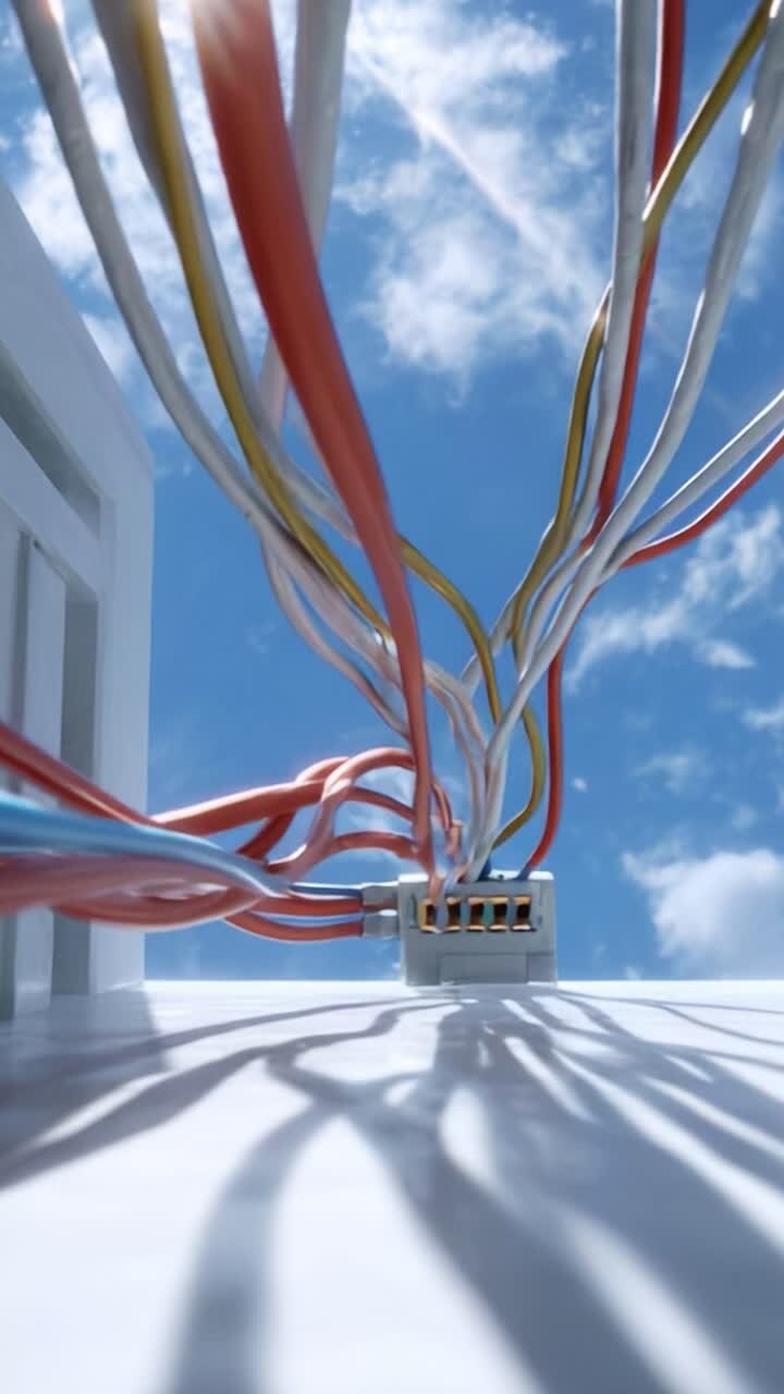 Intricate Network of Colorful Electrical Wires Stretching Skyward Beneath a Blue Sky with Fluffy White Clouds, Showcasing Connectivity and Vibrant Aesthetic in a Unique Perspective