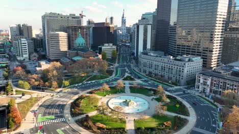 rising aerial of logan circle in downtown philadelphia