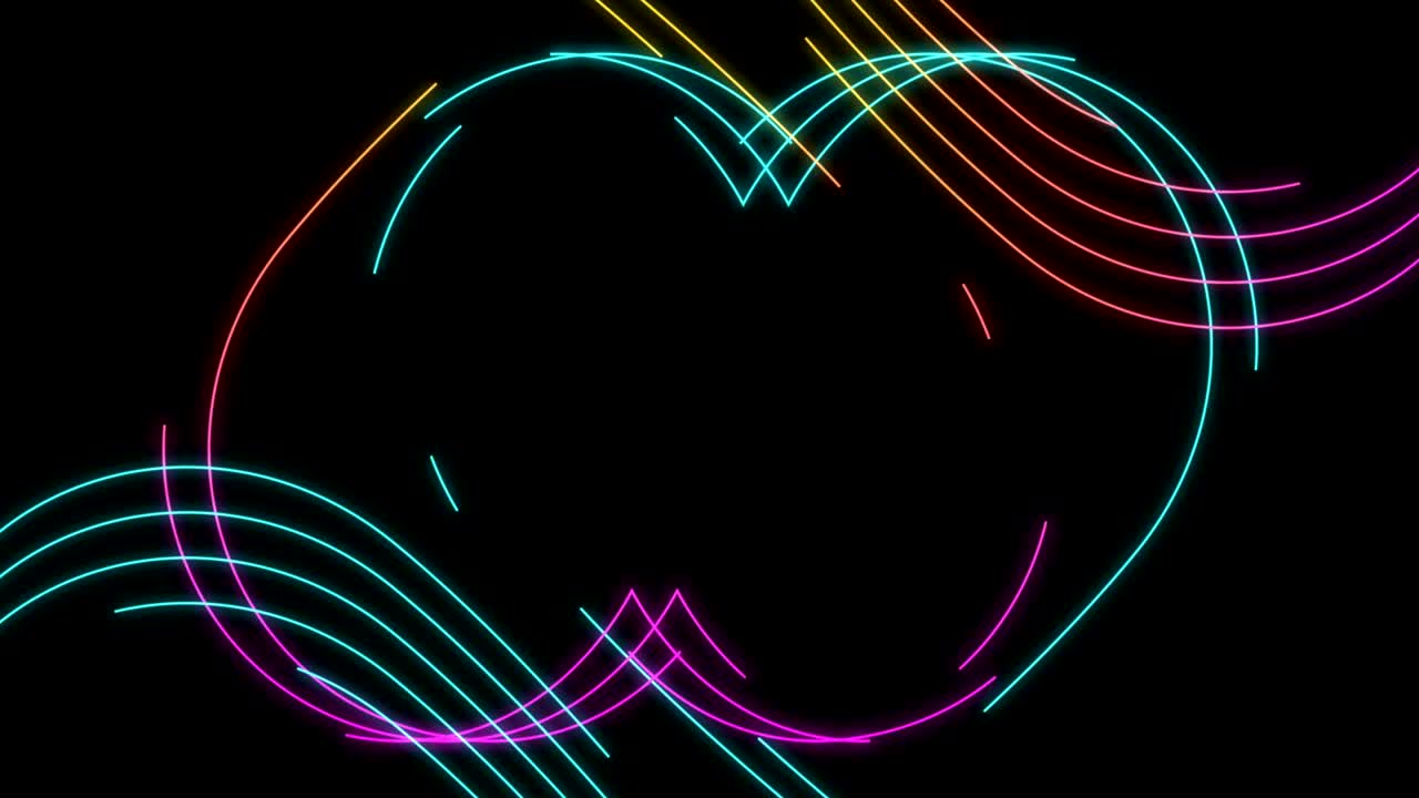 Abstract Line heart lighting moving pink yellow and blue color, technology network digital data transfer concept design, glowing on black background seamless looping animation 4K with copy space