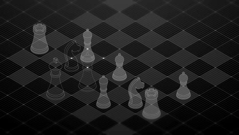 3d isometric virtual transparency chess with square mesh pattern chessboard, business technology strategy concept design on black background, seamless looping animation 4k with copy space