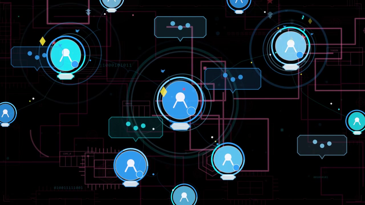 Central blue node pulsing rings on msg ping, highlighting nodes and showing ellipses for activity