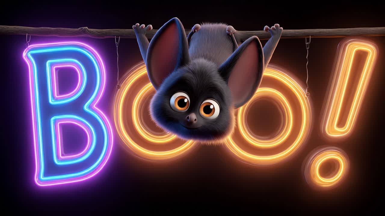 A playful animated bat hangs from a branch, peeking at the glowing 'Boo!' sign, creating a whimsical and enchanting atmosphere perfect for Halloween spirit