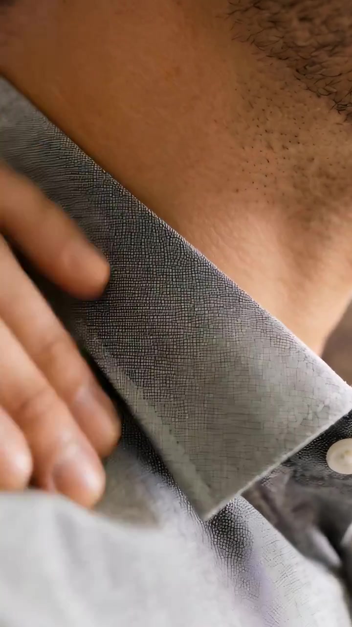 Video verticale: Primo piano di un uomo con la barba incolta che si protende, la mano che preme il colletto grigio e tocca un bottone per regolare la vestibilità