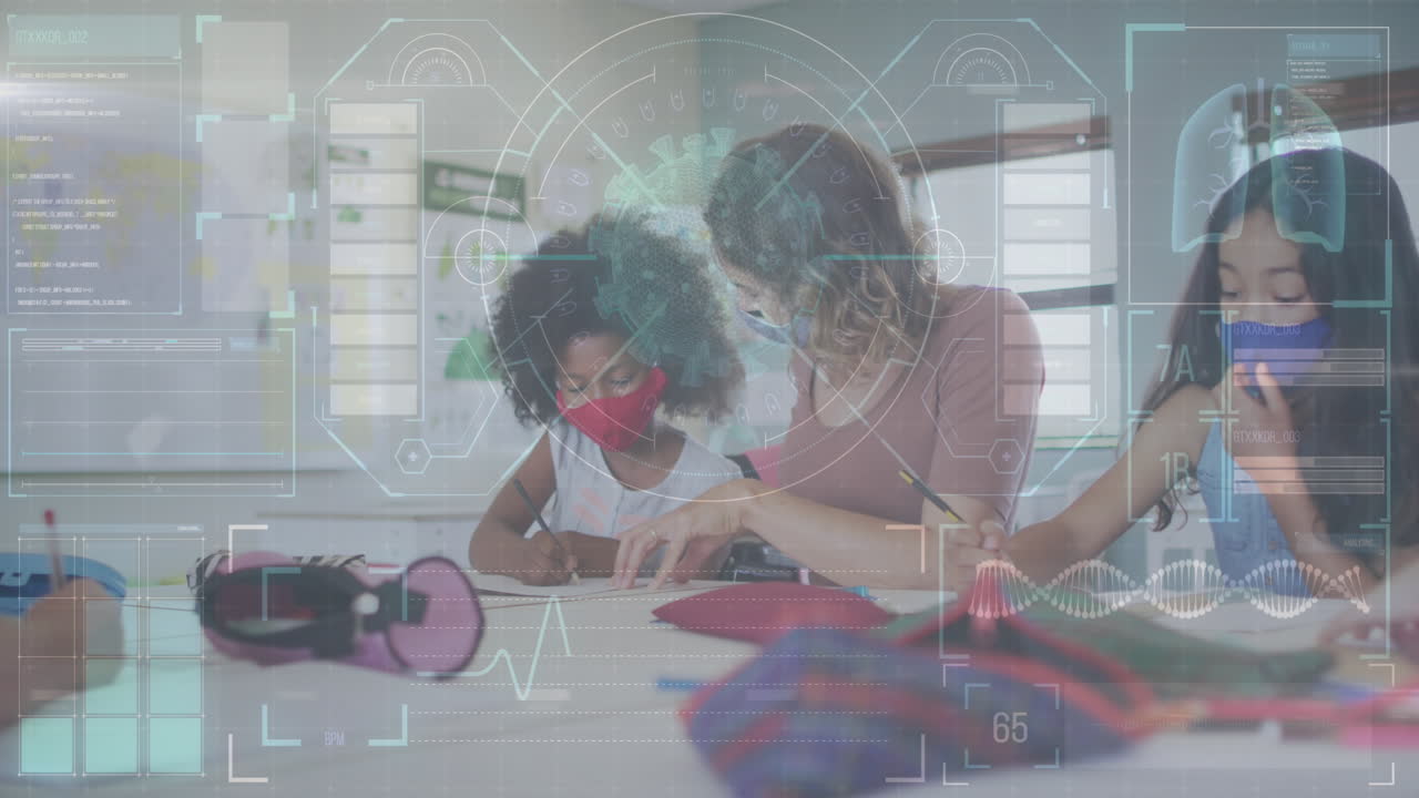 코로나바이러스 연구 디지털 인터페이스 여성 교사가 학교에서 소녀를 가르치는 것에 대해