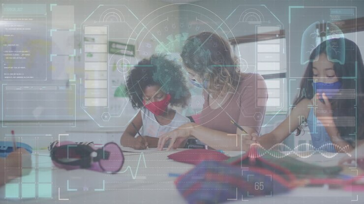 Coronavirus research digital interface against female teacher teaching girl at school