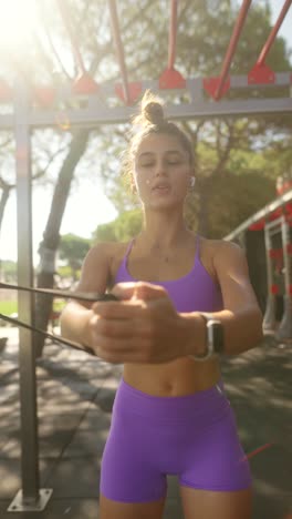 young woman exercising with a resistance band outdoors