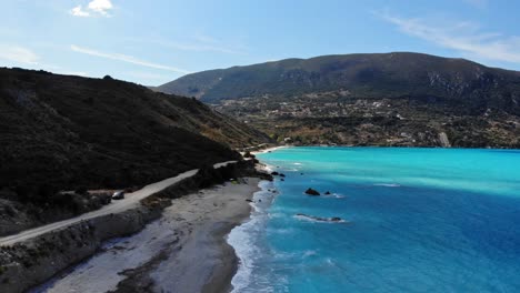 beautiful landscape of agia kiriaki beach in kefalonia, greece - aerial dolly drone shot