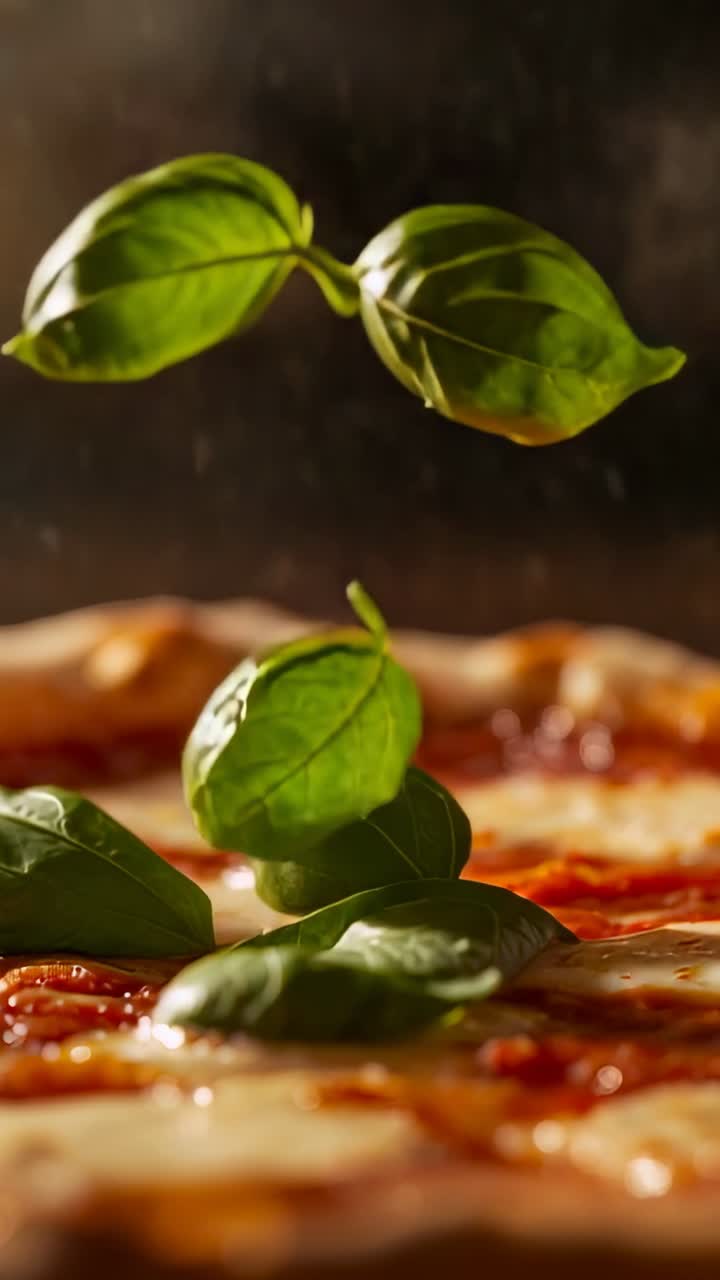 Pystyvideo: basilikan lehtien pudottaminen ylhäältä, pyöriminen paikalleen pizzan päälle studiossa, koristelu