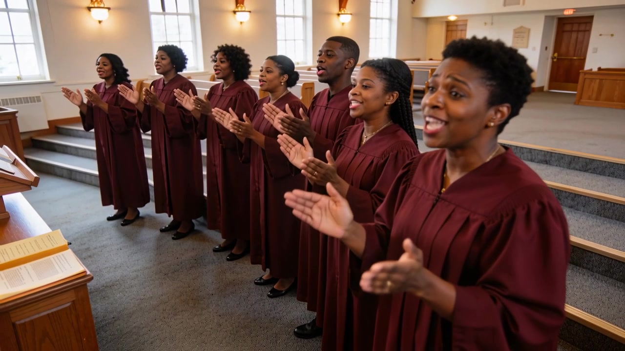 Clapping church choir responding to hymn cue, singing at church front, maroon robes lectern hymnals