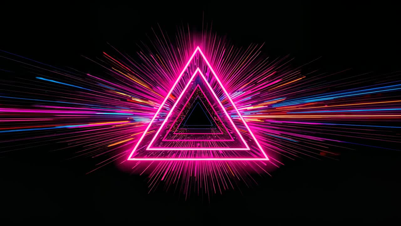 Appearing magenta neon triangle starting zoom, revealing pulsing nested triangles and glowing floor