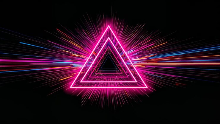 Triangolo al neon magenta con zoom che rivela triangoli nidificati pulsanti e pavimento luminoso