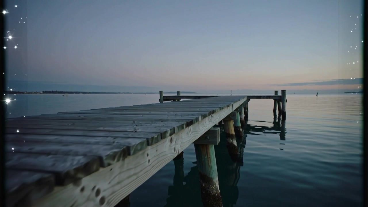 Starting camera moving along weathered pier at dawn to reveal pilings, marker, sparkle streak