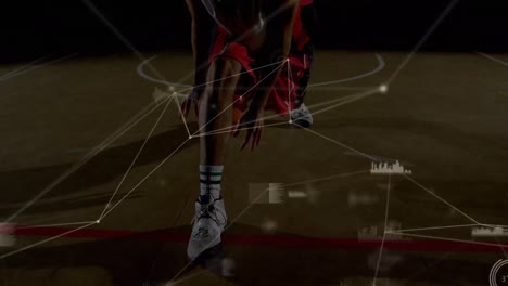 animation of data processing, networks of connections over mixed race male basketball player at gym