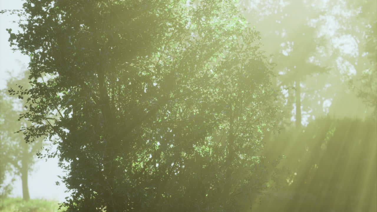 빛은 아침 일찍 평온한 숲의 나무들을 통해 필터링됩니다.