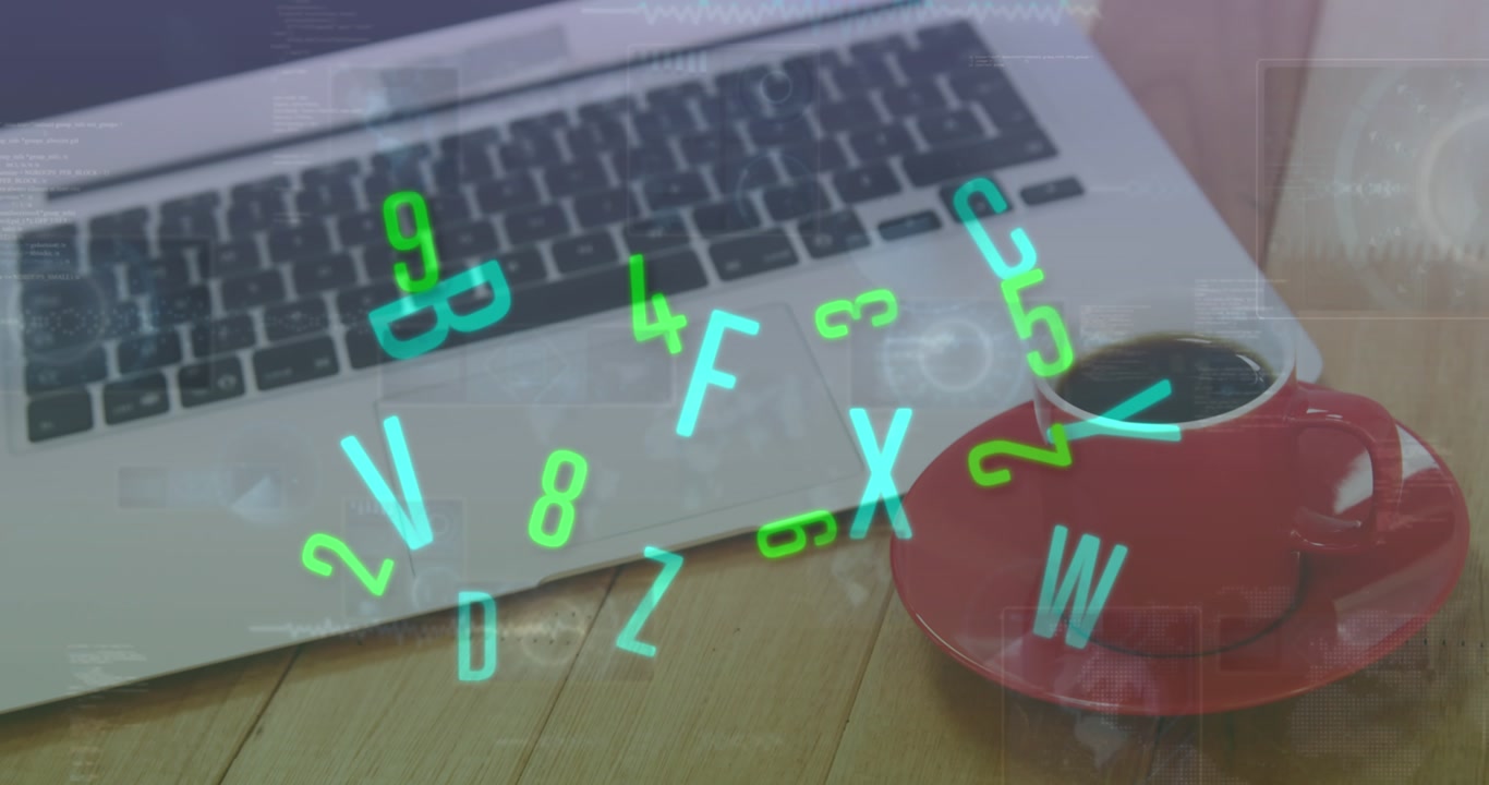 Animation of changing numbers and alphabets over close up of a laptop and coffee cup on wooden table