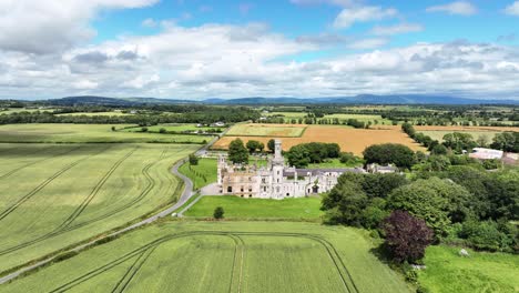 drone flyover of ducketts grove castle haunted castle in carlow ireland