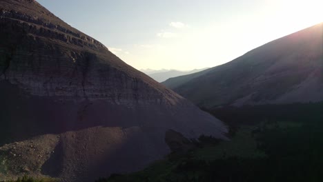 Aerial-Sunset-Backcountry-Rocky-Mountains,-Kananaskis,-Alberta,-Canada