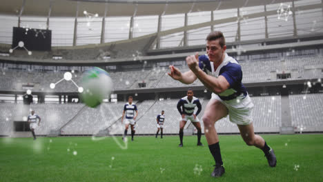 animation of chemical structures over male rugby players at stadium