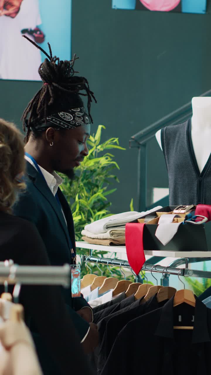 Vertical Video African american store assistant helping old customer to match tie with a shirt