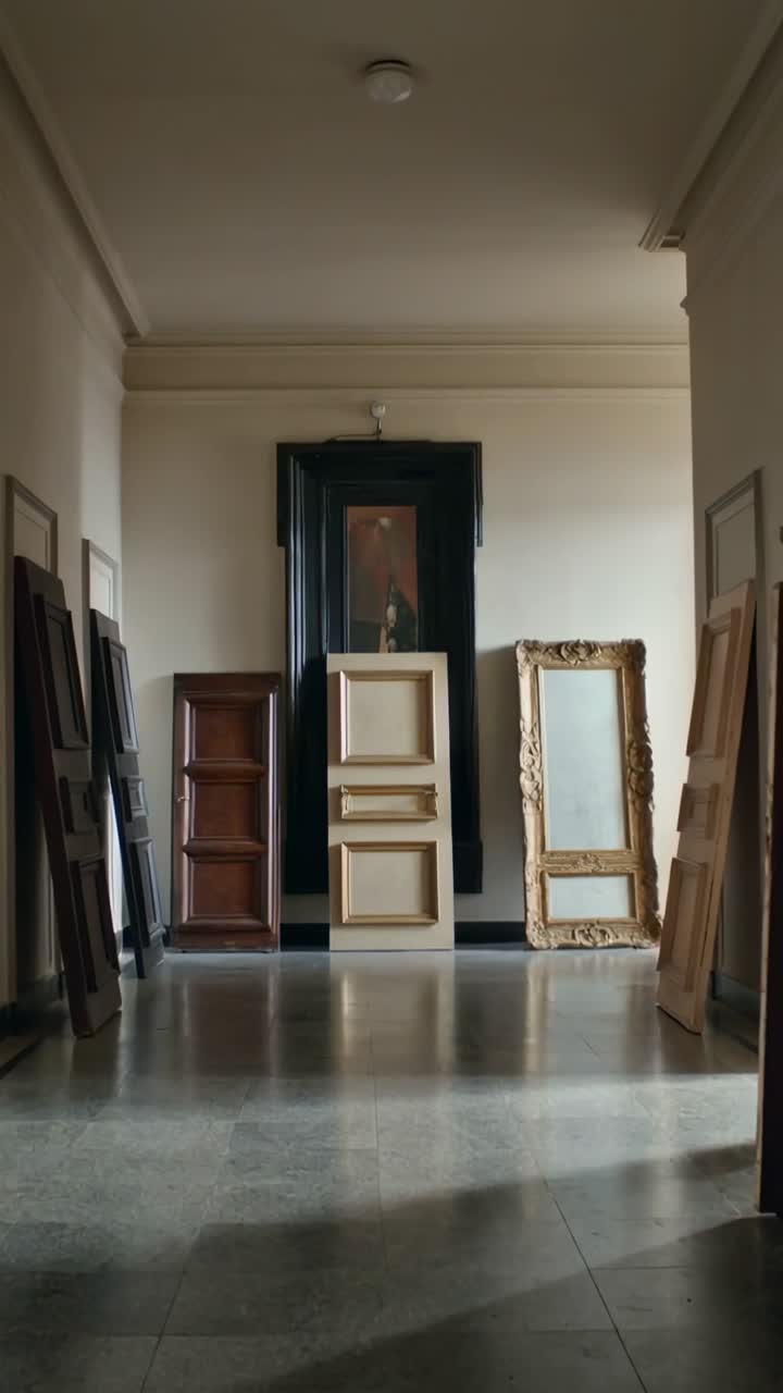 Video verticale: Luce del sole che si sposta, entra dalla porta in un corridoio, illuminando cornici impilate e un pannello color crema.