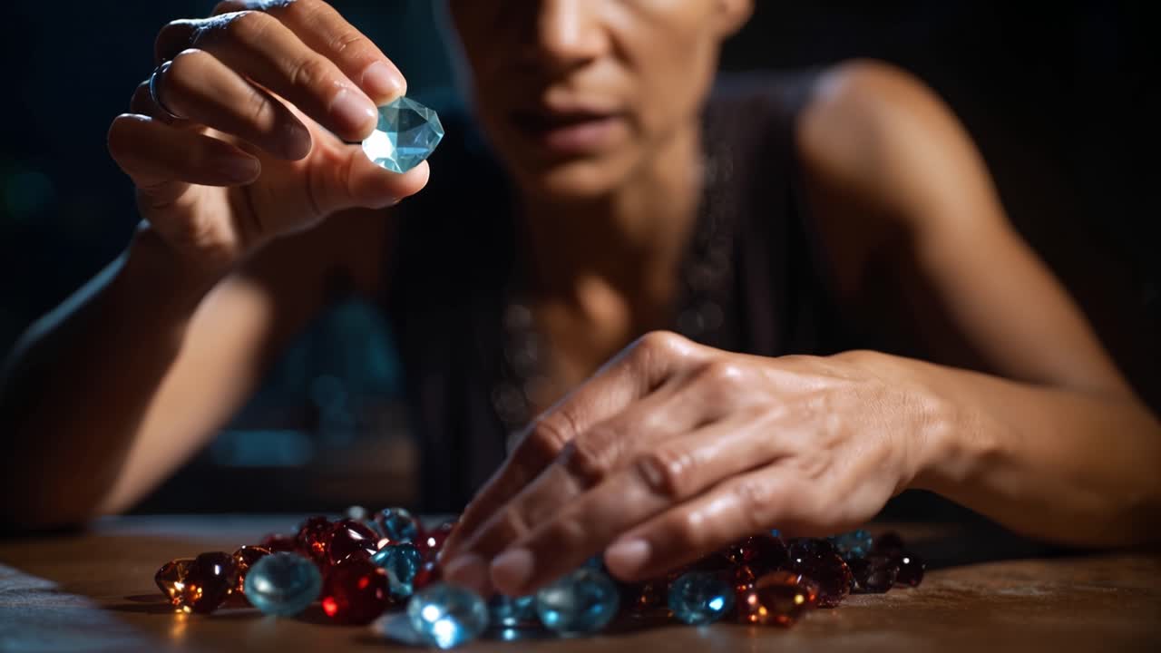 Woman's Hands Examining Sparkling Gemstones on a Dark Table