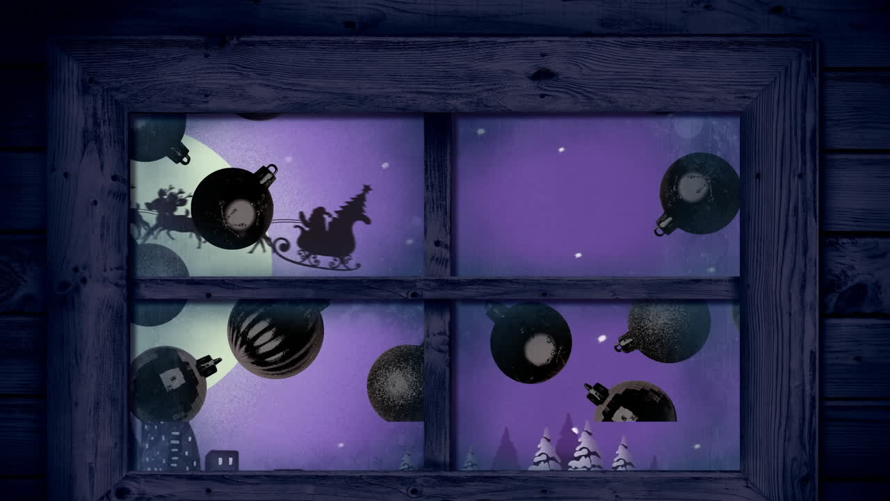 animación de santa claus en trineo con renos en el paisaje de invierno de navidad visto a través de la ventana