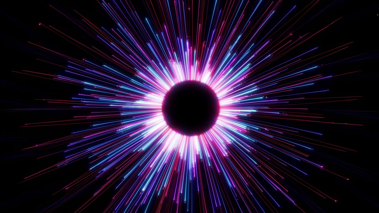 A centered circular black core surrounded by radiant neon light rays against a deep black background. Multicolored luminous streaks in pink, purple, blue