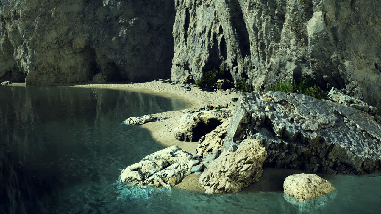 A tranquil coastline unfolds with rugged cliffs rising above a clear lagoon