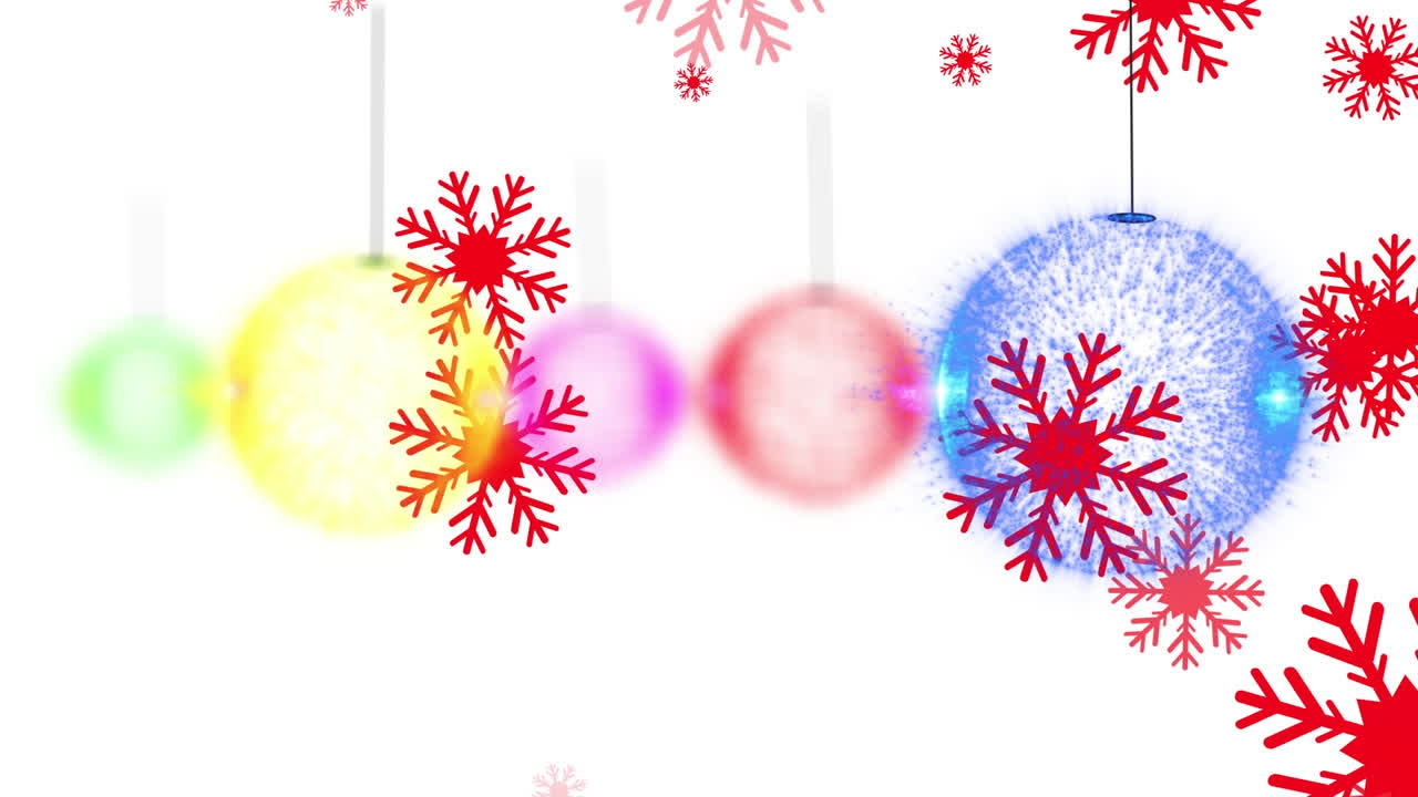 animación de bolas de navidad y copos de nieve rojos sobre fondo blanco
