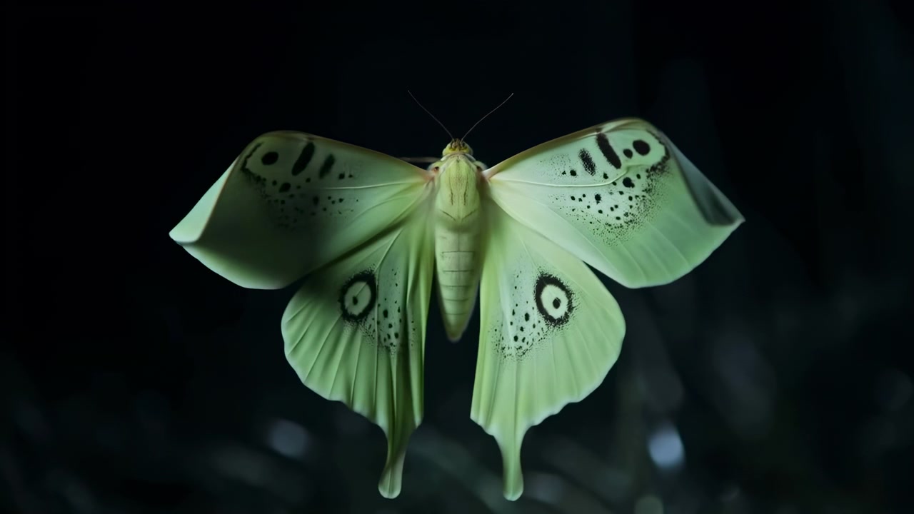Close-up frontal de mariposa verde-clara abrindo as asas em uma ampla extensão simétrica contra fundo escuro, corpo centralizado, antenas eretas, textura suave, veias translúcidas, detalhes delicados e suavidade