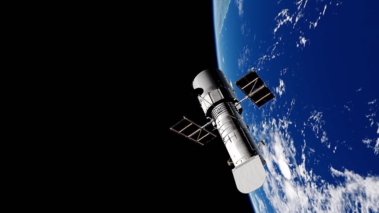 telescopio hubble moviéndose junto al planeta tierra en el espacio ultraterrestre