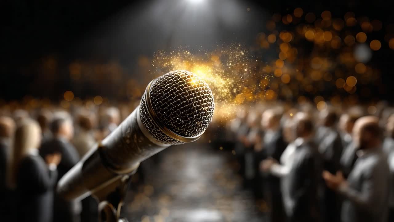 A Glittering Celebration: Microphone on Stage Capturing the Spotlight Amidst an Enchanted Audience, Creating an Atmosphere of Excitement and Anticipation