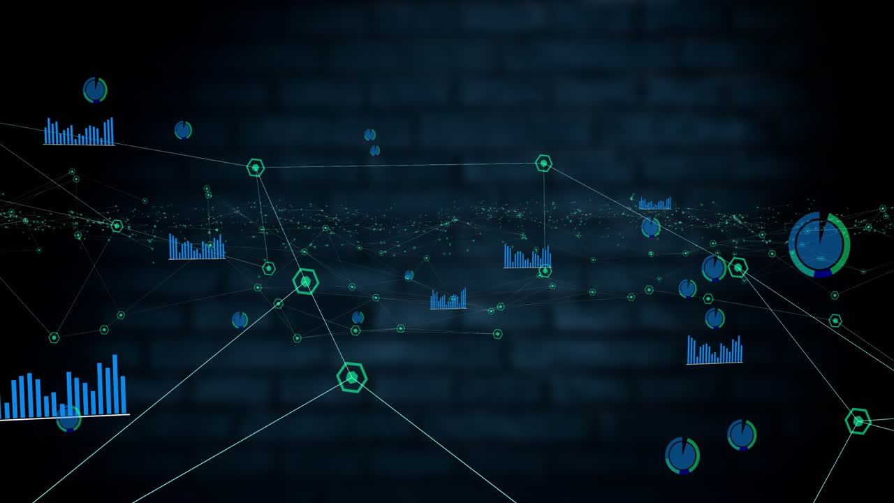Animation of network of connections data processing over brick wall