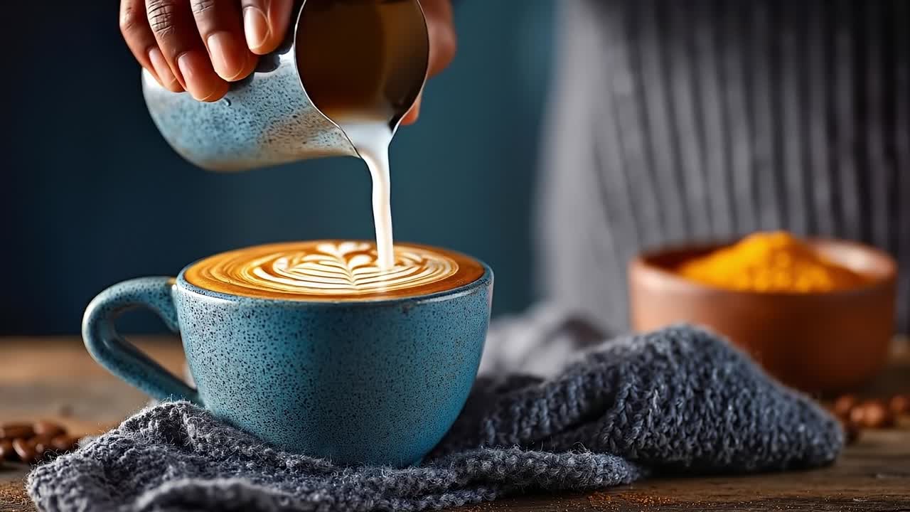 En person hælder mælk i en kop kaffe