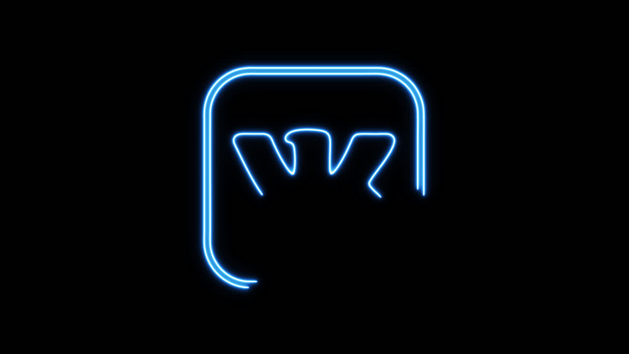 Animazione di disegno del logo blu al neon di VK Social Media.