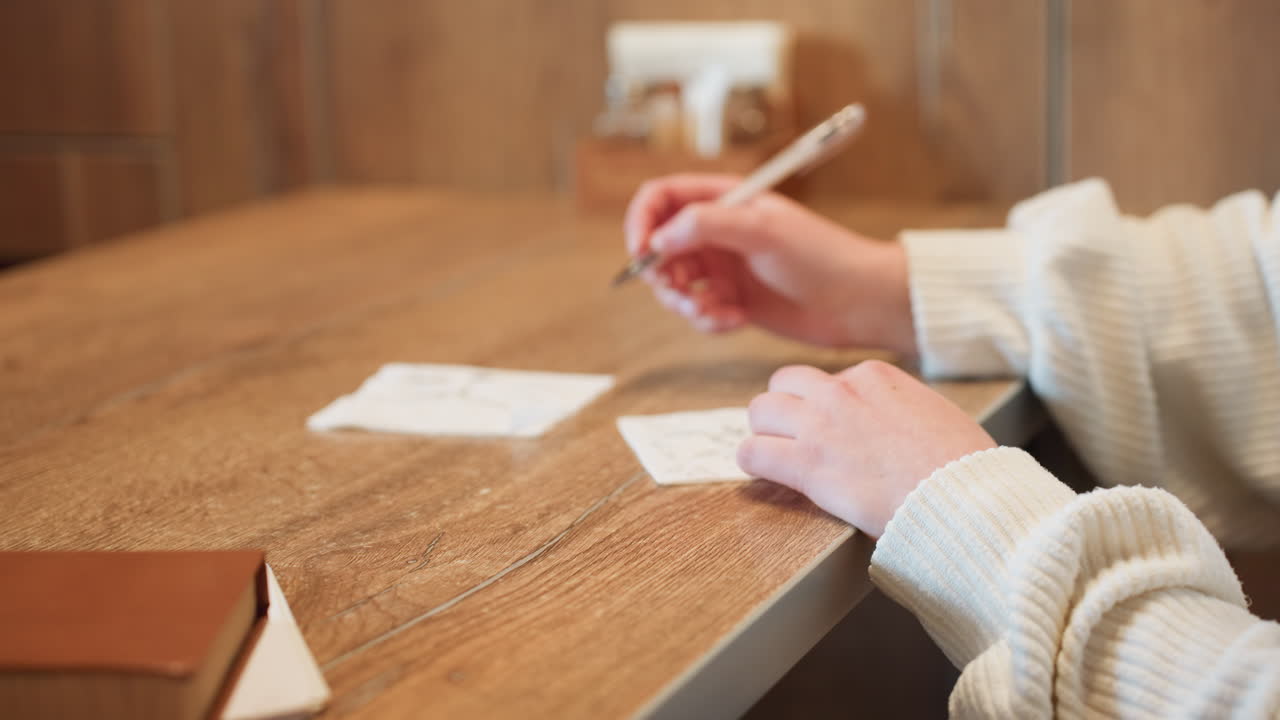 Close up of woman hands writing with pen on napkin placed on wooden table, as she scans surface for writing space, with brown novel resting on nearby paper and background