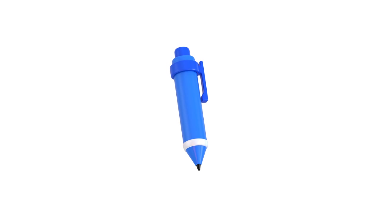 3D-render af en blå trykkuglepen roterende på hvid baggrund