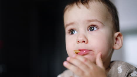 cute baby boy stuck a piece of cookie into mouth. toddler tries hard to chew the biscuit as he's got banana in hand to eat next. close up. blurred backdrop.