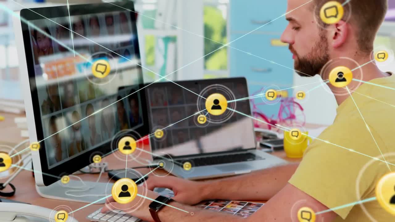 animación de una red de conexiones con iconos sobre un hombre de negocios caucásico hablando por teléfono inteligente