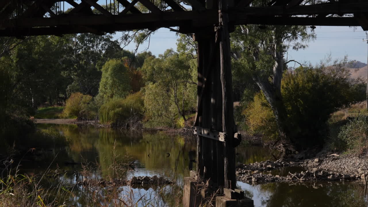 Mid close up shot of the historic Prince Alfred bridge viaduct over the river in Gundagai , New South Wales, Australia