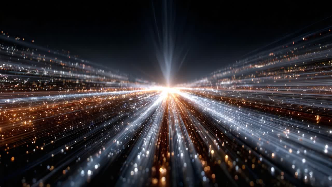 A Stunning Visual Journey Through Light and Motion: Experience the Dynamic Flow of Golden and Silver Particles as They Emanate from a Brilliant Center Source in a Cosmic Scene